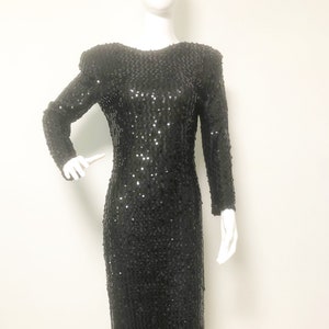 Vintage black sequin v back maxi dress, black sequin gown, sexy black gown, Jarrod&#39;s, made in USA