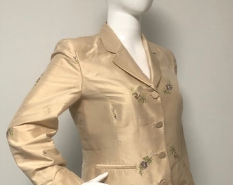 Vintage silk blazer, embroidered silk blazer, made in France, champagne silk blazer, raw silk jacket, Paule Vasseur
