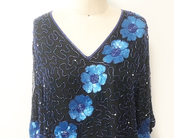 Vintage black blue beaded top, sequin top,  beaded blouse, silk top, silk blouse, Mark & John II, silk beaded top