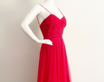 80's red gown, chiffon maxi, red dress, prom gown