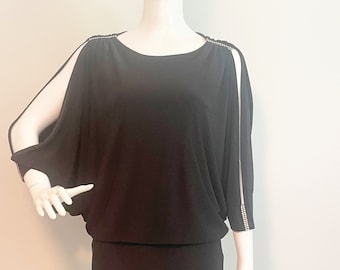 Vintage Cache mini dress, bat wing sleeve, cut out, rhinestone details, LBD, made in USA