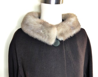 Vintage wool swing coat, brown wool coat, mink trimmed coat, bracelet length sleeves