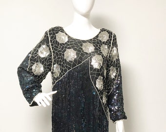 Vintage beaded sequin dress, spiderweb beaded dress, pearl embellished beaded dress, cocktail dress, black dress