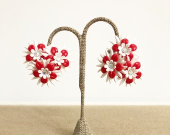 Vintage red and white plastic flower earrings, mid century clip on floral, rhinestone, statement earrings