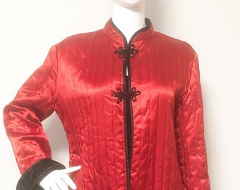 veste matelassée vintage Jon Woods, blazer/veste d’inspiration asiatique, veste matelassée rouge et noire, fermetures grenouille
