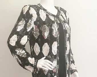 veste longue vintage à sequins Sweelo, blazer argenté à sequins blancs et noirs, veste en soie entièrement perlée
