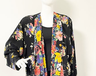 Vintage Platinum by Dorothy Schoelen, black kimono style jacket, floral print jacket, waterfall front jacket, floral kimono