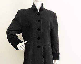 Christian Dior wool coat, velvet trimmed coat, black winter coat, designer wool coat