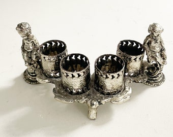 Vintage silver tone metal lipstick holder, vanity accessory, cherub lipstick holder