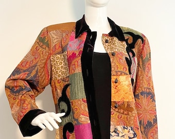 Vintage patchwork and velvet jacket, paisley print blazer, velvet trimmed jacket, Whittall & Shon, appliqued jacket