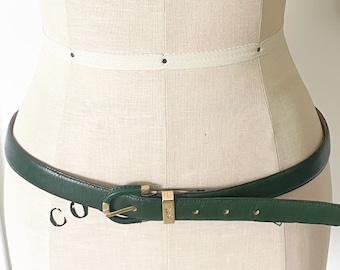 Vintage YSL green leather belt, gold buckle, adjustable belt, Yves Saint Laurent belt