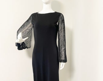Vintage Halston Designer black gown, column maxi dress, sheer sleeves, evening gown, beaded gown