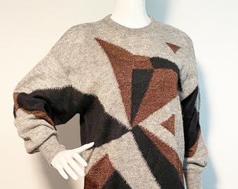 Vintage Escada by Margaretha Ley, 80's tunic sweater, metallic pullover sweater, geometric design, wool blend sweater