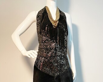 Vintage leather skirt and halter top set, painted leather, fringe, gold mesh top, asymmetrical hem pleated riveted skirt