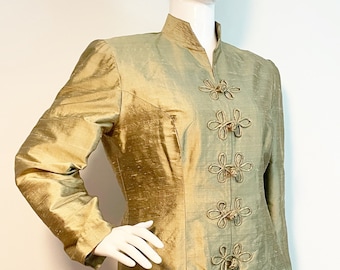 Vintage Asian style pant suit, raw silk, frog closure two piece set, gold suit