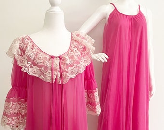 Vintage Intime peignoir set, Barbie pink nightgown and robe, 70's sleepwear, lace trimmed pink lingerie set