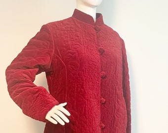 Vintage burgundy quilted jacket, made in Hong Kong, velvet quilted jacket