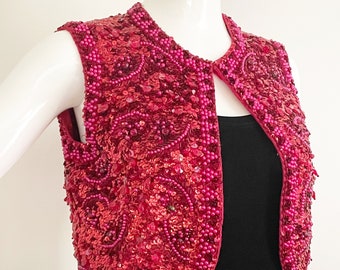 Vintage Valentina beaded vest, red pink sequin beaded topper, Hong Kong