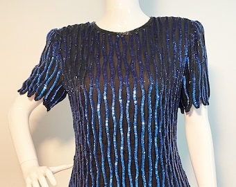 Vintage blue and black beaded top, sequin top, short sleeve beaded top, Stenay, silk beaded top