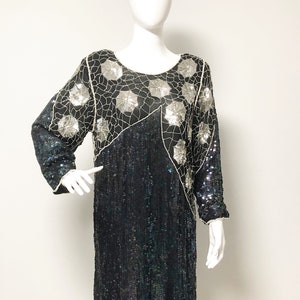 Vintage beaded sequin dress, spiderweb beaded dress, pearl embellished beaded dress, cocktail dress, black dress