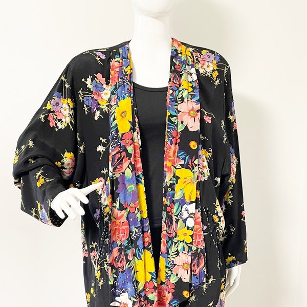 Vintage Platinum by Dorothy Schoelen, black kimono style jacket, floral print jacket, waterfall front jacket, floral kimono