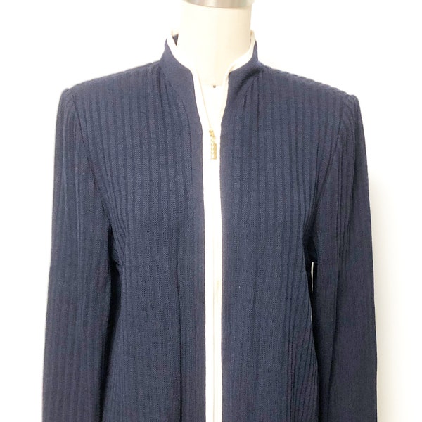 Vintage St. John collection by Marie Gray, ribbed zip front cardigan sweater, navy and white sweater, Size 12