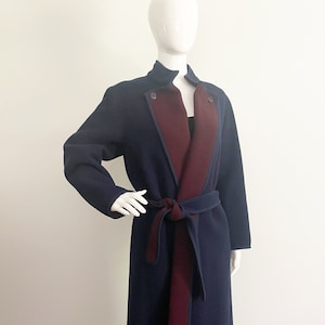 Vintage navy blue coat, burgundy coat, wool, belted coat, duster, matching scarf, two tone wool coat