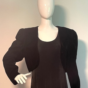 Vintage black velvet bolero jacket, Nordstrom Point of View, puff sleeves, high low hemline, velvet topper