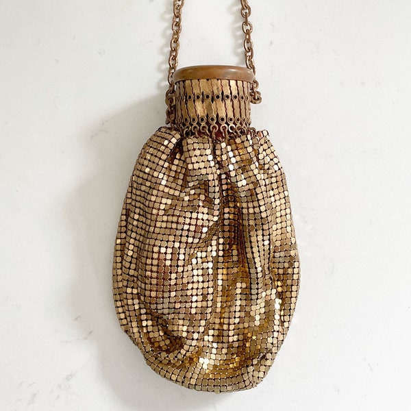 Vintage Whiting and Davis mesh bag, miser bag, gold tone mesh bag, "beggars bag"