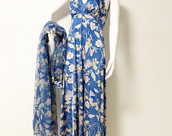 Camisón floral vintage de Vanity Fair, bata floral transparente a juego, conjunto de bata azul, rosa y verde.