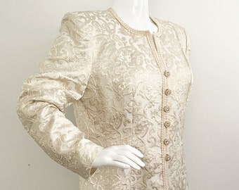 Vintage Lillie Rubin gold and ivory jacket, rhinestone buttons, wedding jacket, metallic textured jacket, long line blazer