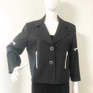 Giacca vintage J&#39;Envie New York, squadrata in bianco e nero, dettagli con cerniera, giacca in bianco e nero