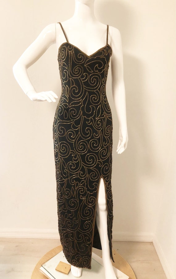 Vintage black silk beaded gown, sexy gown with sli