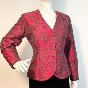 Vintage brocade burgundy black floral blazer, wine and black fitted blazer