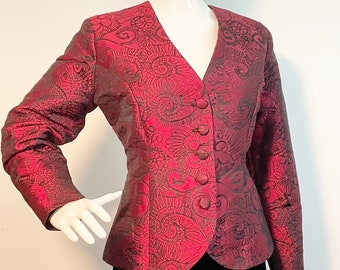 Vintage brocade burgundy black floral blazer, wine and black fitted blazer