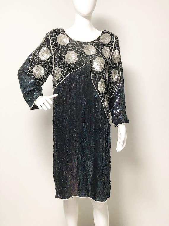 Vintage beaded sequin dress, spiderweb beaded dres