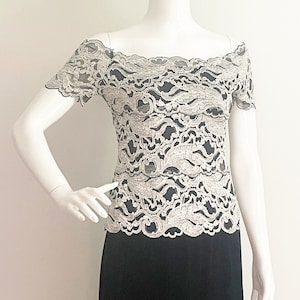 Vintage Cache off the shoulder top, lace overlay top, sexy evening wear, made in USA.