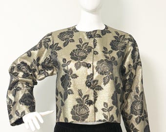 Vintage cropped jacket, metallic gold and black short jacket, black roses, Bergdoff Goodman, made in USA