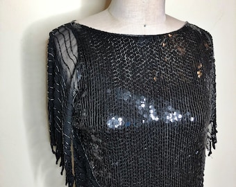 Vintage black beaded top, Swee Lo beaded top, sequin blouse, silk top, Neiman Marcus