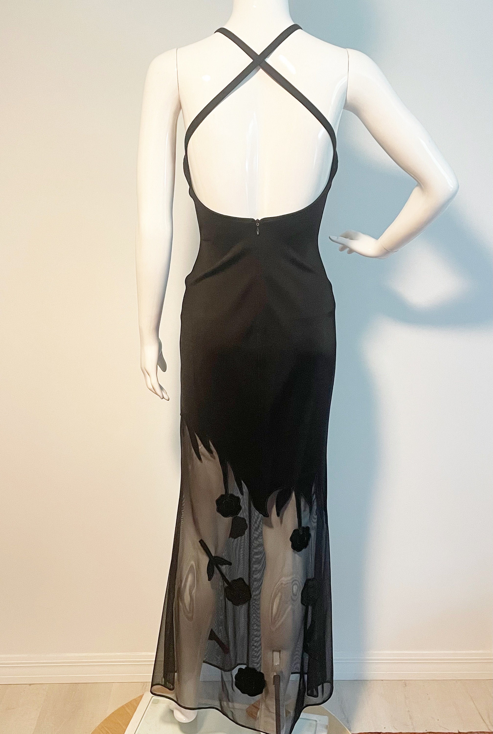cache dress black Vintage Cache Black Gown, Floral Cut Out, Crisscross Halter Back, Illusion  Mesh Fabric, Sexy Black Dress