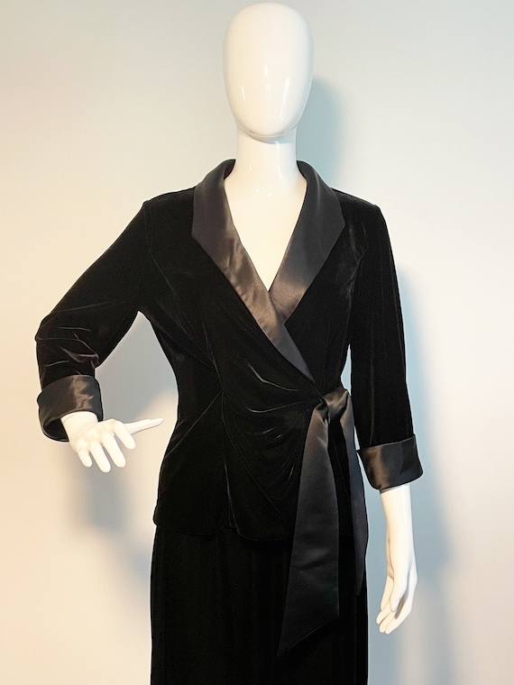 Vintage black velvet, satin trimmed wrap/tie jacke