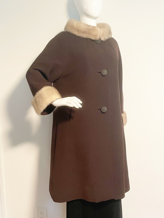Vintage Wool Swing Coat, Brown Wool Coat, Mink Trimmed Coat