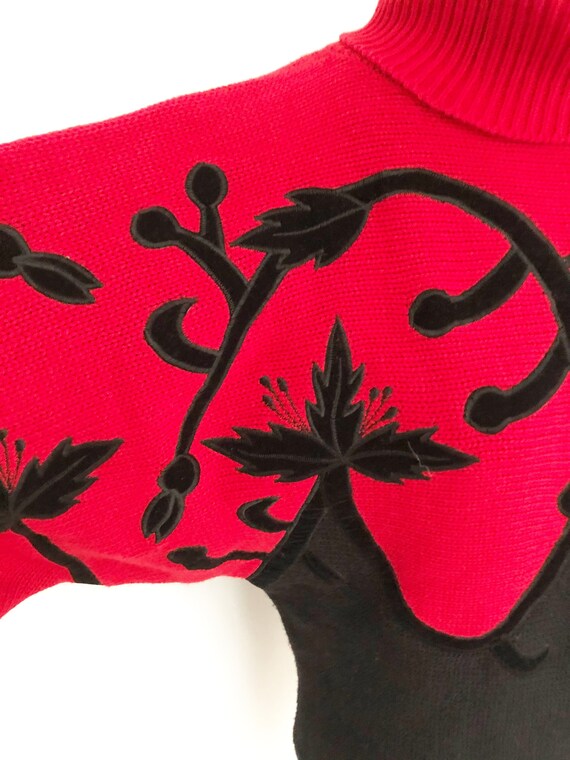 Vintage 80's tunic sweater, appliqued velvet, red… - image 6