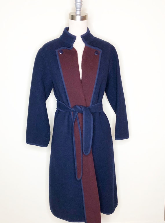 Navy blue coat, burgundy coat, wool, belted coat