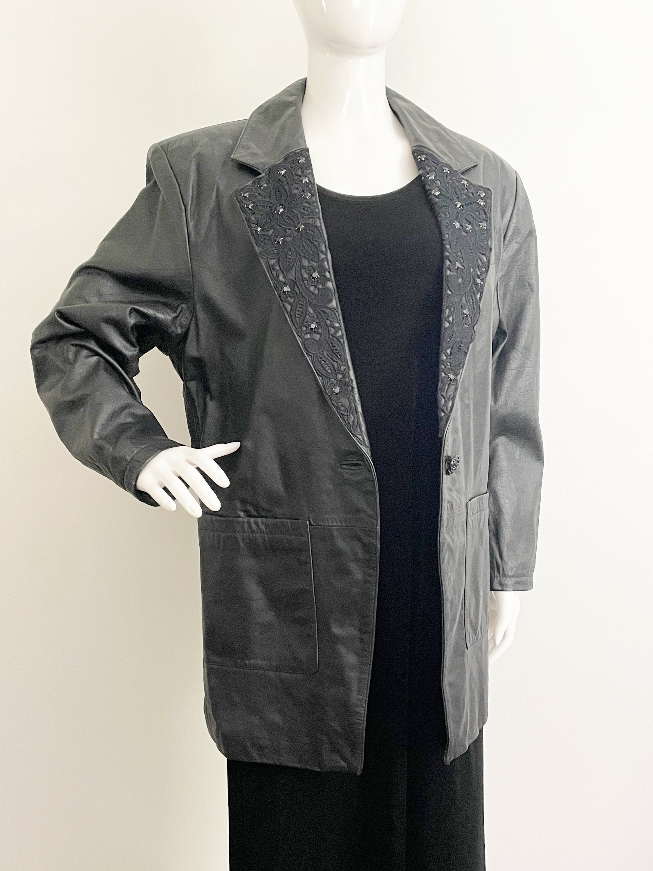 Vintage Leather jacket, longline leather blazer, leather and lace, Lacey After Noon, Shell Kepler, 80's blazer