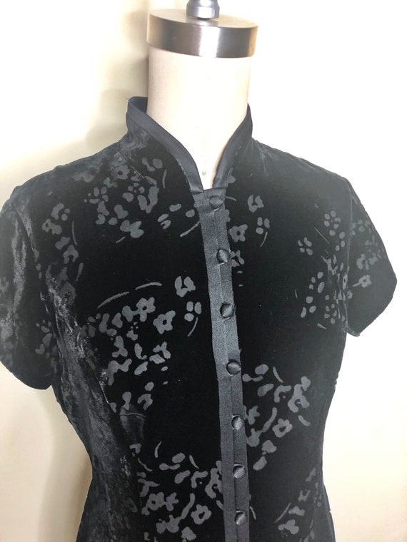 Black velvet Cheongsam dress, burnout velvet, flor