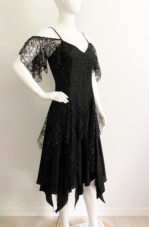 Vintage 80 s Party Dress Lace Overlay Black Handkerchief Hem High Low Hem off the Shoulder Dress Nuance USA Etsy UK