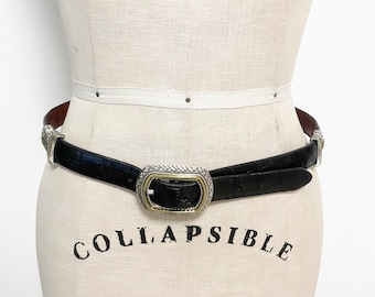 Vintage Brighton reversible leather belt, brown belt, black belt, silver and gold buckle, faux alligator texture, size M/L 32