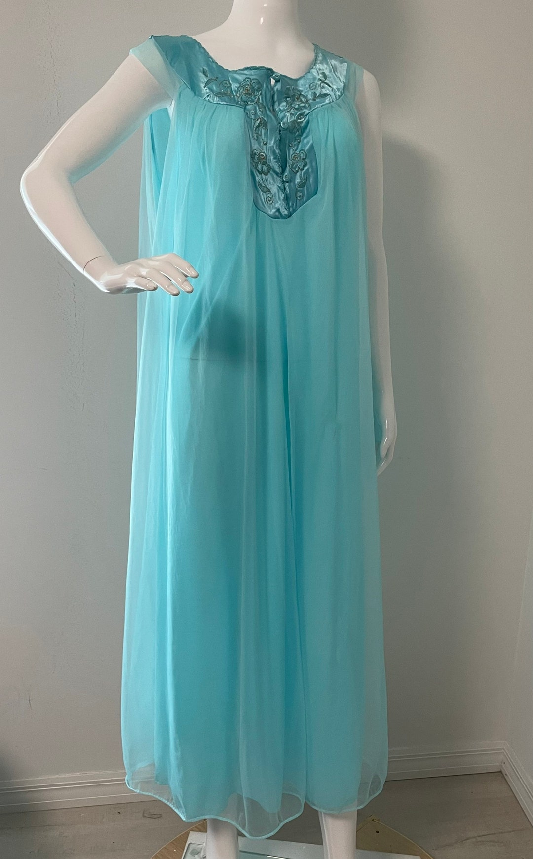 Vintage Sleeveless Aqua Sheer Overlay Night Gown Satin Trim - Etsy