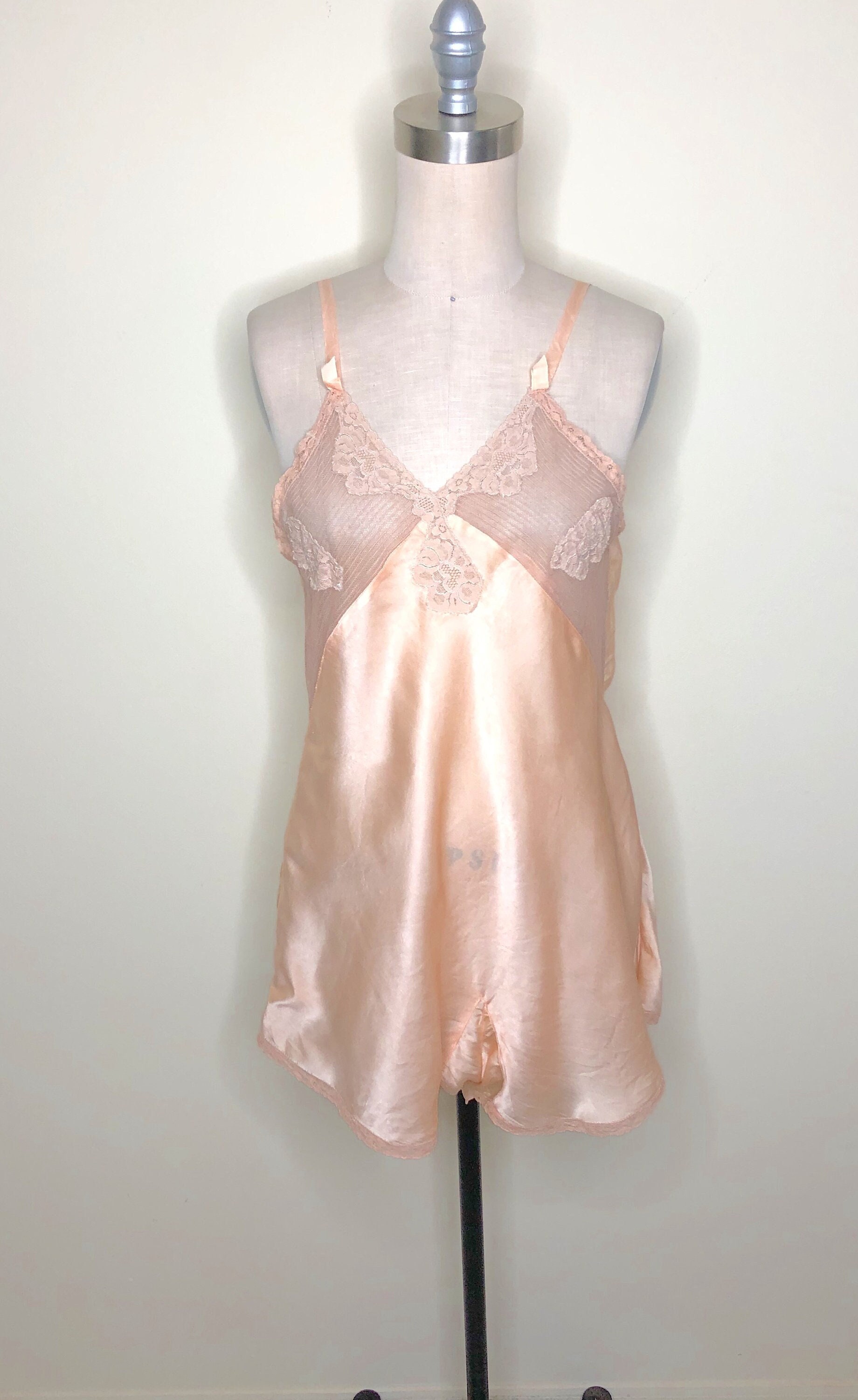 1940's Chemise, Step in Chemise, Lace Trimmed Lingerie, Peach Teddy,  Vintage Teddy 